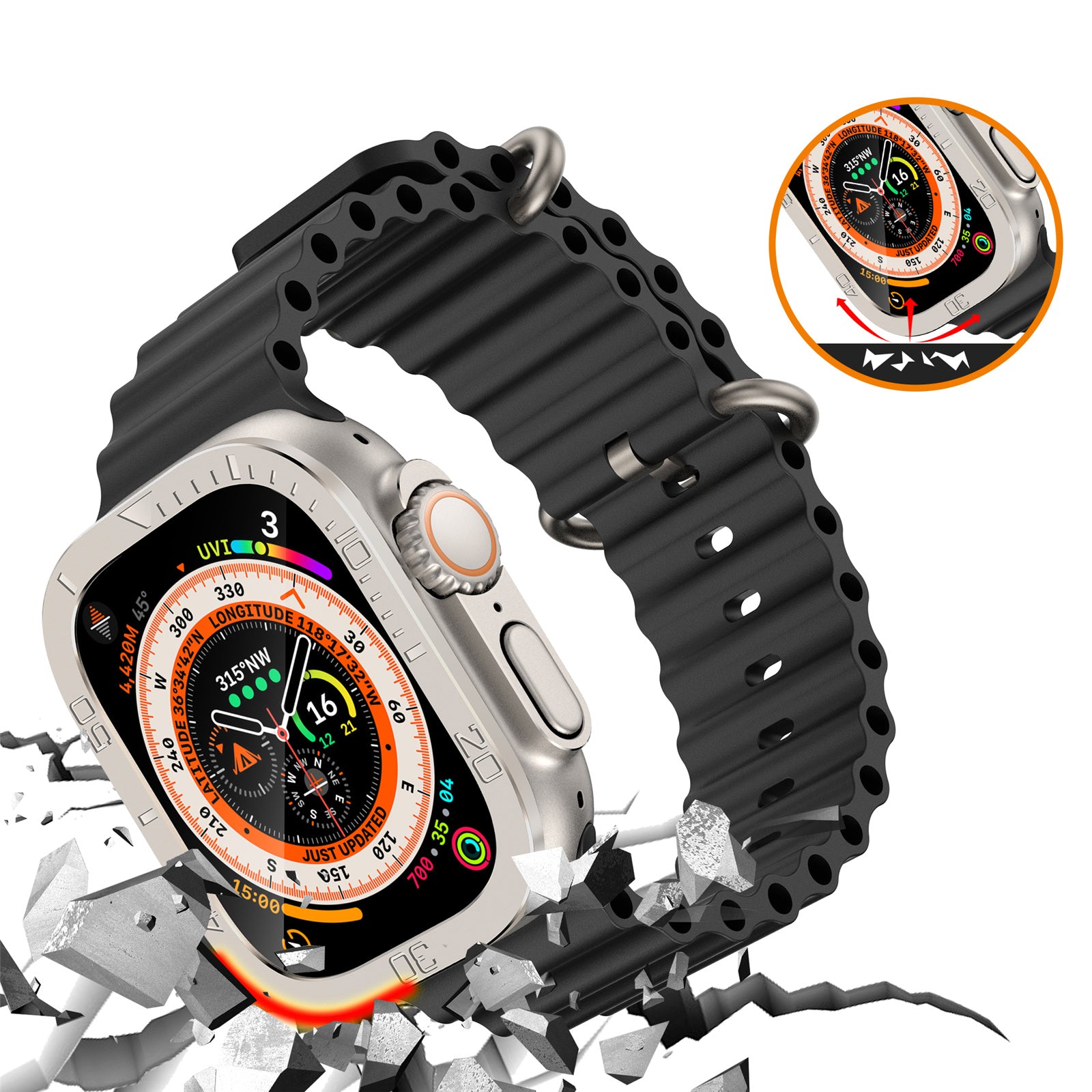 Uniqkart for Apple Watch Ultra 49mm Tempered Glass Screen Protector Numbers Marker Metal Frame with Built-in Clear Film - Original Color Uniqkart for Apple Watch Ultra 49mm Tempered Glass Screen Protector Numbers Marker Metal Frame with Built-in Clear Film - Original Color